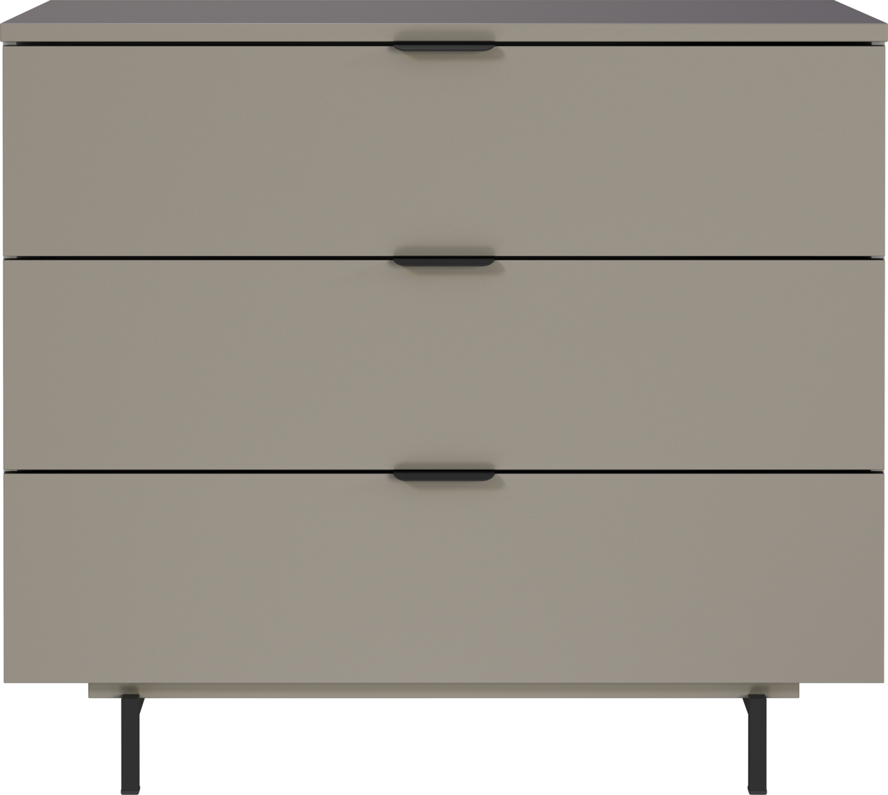 Moderne Kommode mit drei Schubladen in Beige, frontal betrachtet