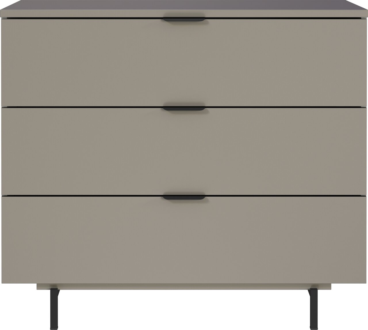 Moderne Kommode mit drei Schubladen in Beige, frontal betrachtet
