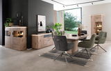 Modernes Highboard aus Holz mit Glasvitrine, dekoriert mit Pflanzen und Beleuchtung, in einem stilvollen Esszimmer mit Blick auf den Garten.