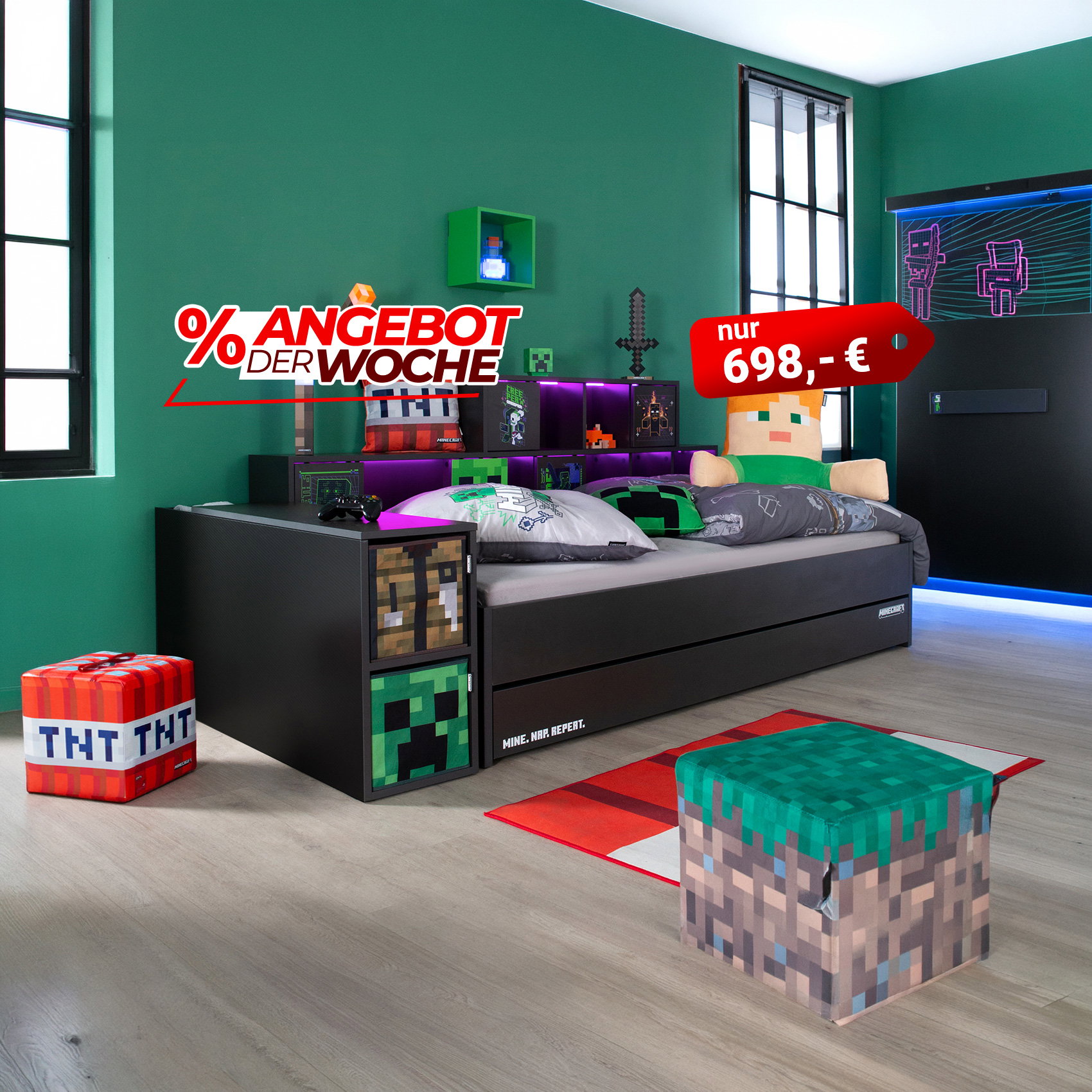 Modernes Minecraft-Kinderzimmer mit Bett, LED-Regal und Deko, Angebot der Woche für 698 €