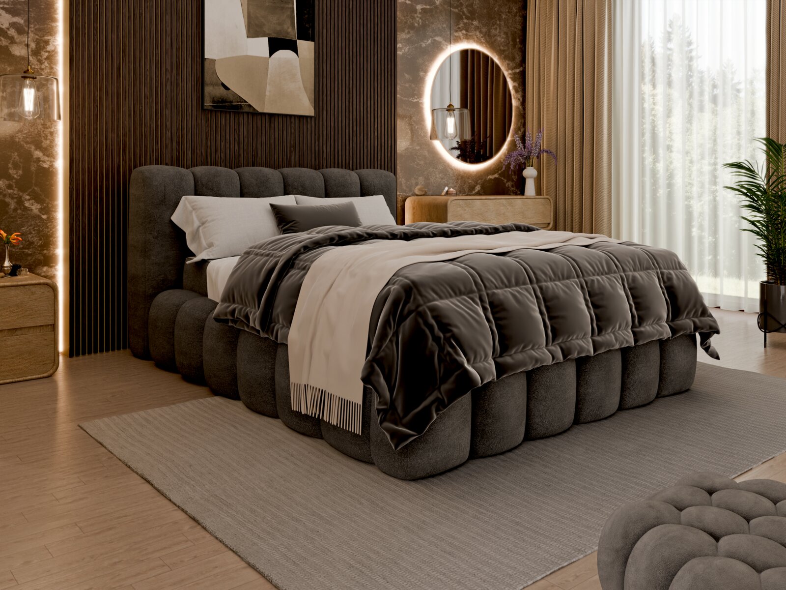 Modernes Polsterbettgestell in einem stilvollen Schlafzimmer, seitliche Perspektive