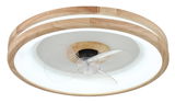 Moderner Deckenventilator mit Holzrahmen und transparenten Flügeln, seitliche Perspektive