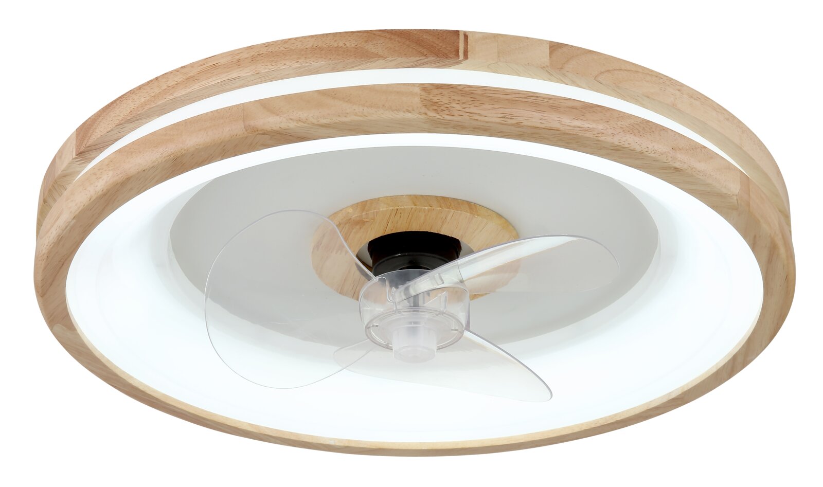 Moderne plafondventilator met houten frame en transparante bladen, zijaanzicht