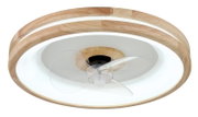 Moderne plafondventilator met houten frame en transparante bladen, zijaanzicht
