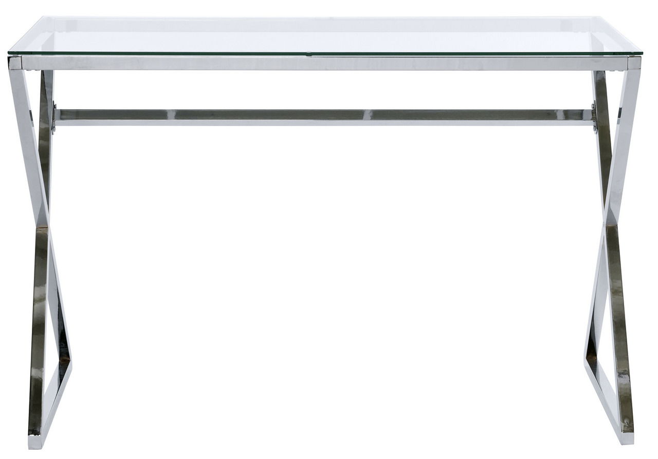 Moderner Schreibtisch mit Glasplatte und verchromtem X-förmigem Gestell, Frontalansicht.