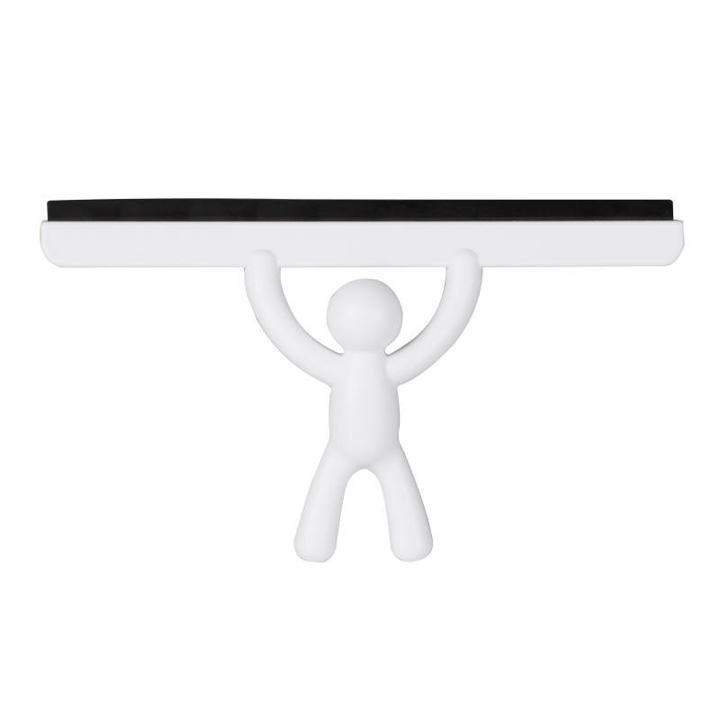 Zurbrüggen Buddy Duschabzieher weiß Weißer Duschabzieher in Form einer Figur, die eine Abziehlippe über dem Kopf hält, Frontalansicht.