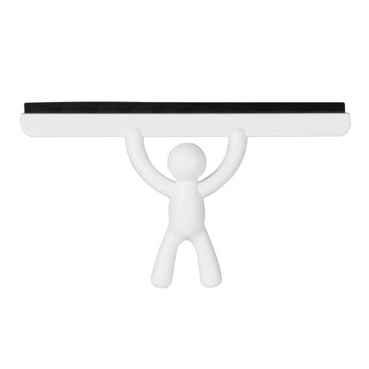 Weißer Duschabzieher in Form einer Figur, die eine Abziehlippe über dem Kopf hält, Frontalansicht.