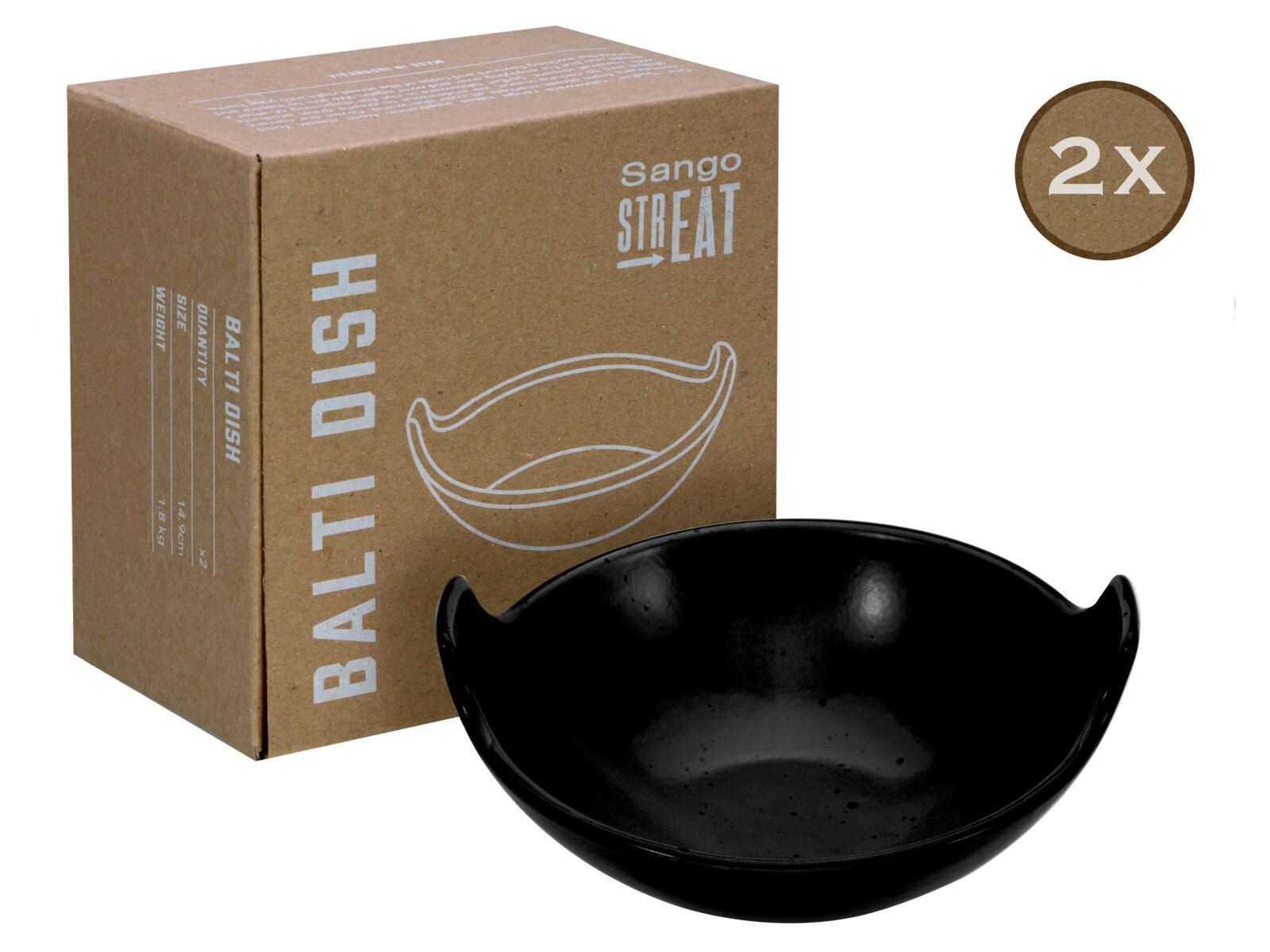 Creatable Balti Dish 2-tlg STREET FOOD Schwarze Keramik-Balti-Schale (Sango Streat), 2er-Set, mit brauner Produktverpackung im Hintergrund; Perspektive: leicht von oben in schräger Vorderansicht.