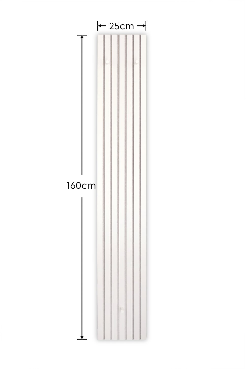 Vooraanzicht van een wit, geribbeld wandpaneel/radiatorbekleding met afmetingen van 160 cm hoog en 25 cm breed op een witte achtergrond