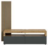 Frontale Ansicht eines modernen Lowboards mit Holzoberfläche und integriertem Paneel in vertikaler Holzoptik.