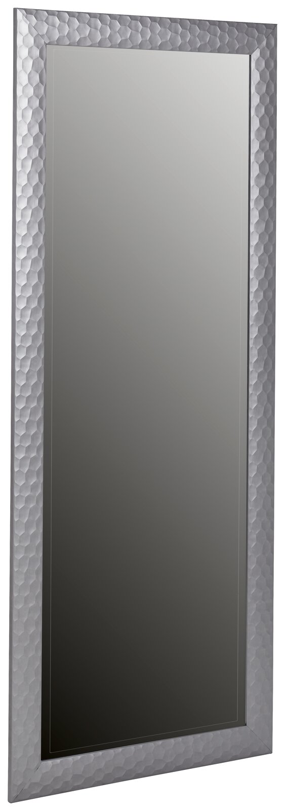 Rechteckiger Spiegel mit strukturiertem Rahmen, perspektivisch von vorne leicht seitlich fotografiert.