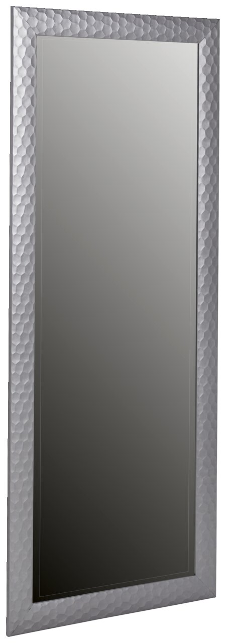 Rechteckiger Spiegel mit strukturiertem Rahmen, perspektivisch von vorne leicht seitlich fotografiert.