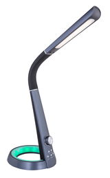Moderne Tischleuchte aus schwarzem Kunststoff mit gebogenem Arm und leuchtendem LED-Ring, seitliche Perspektive