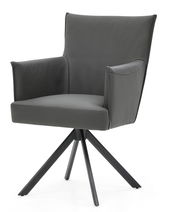 Moderner grauer Armlehnstuhl mit vierbeinigem Metallgestell, seitliche Perspektive