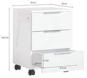 Weißer Rollcontainer mit drei Schubladen, auf Rollen, seitliche Perspektive, eine Schublade geöffnet, Maße: 62,5 cm hoch, 45 cm tief, 43 cm breit.