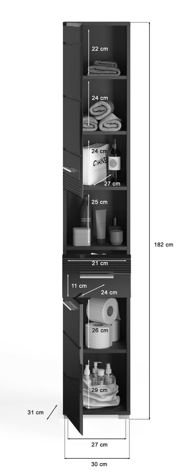 Schwarzer Hochschrank mit mehreren Fächern, gefüllt mit Handtüchern, Toilettenpapier und Pflegeprodukten, aus der Vorderansicht.