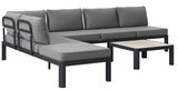 Moderne graue Loungegarnitur mit Ecksofa und Couchtisch, seitliche Perspektive