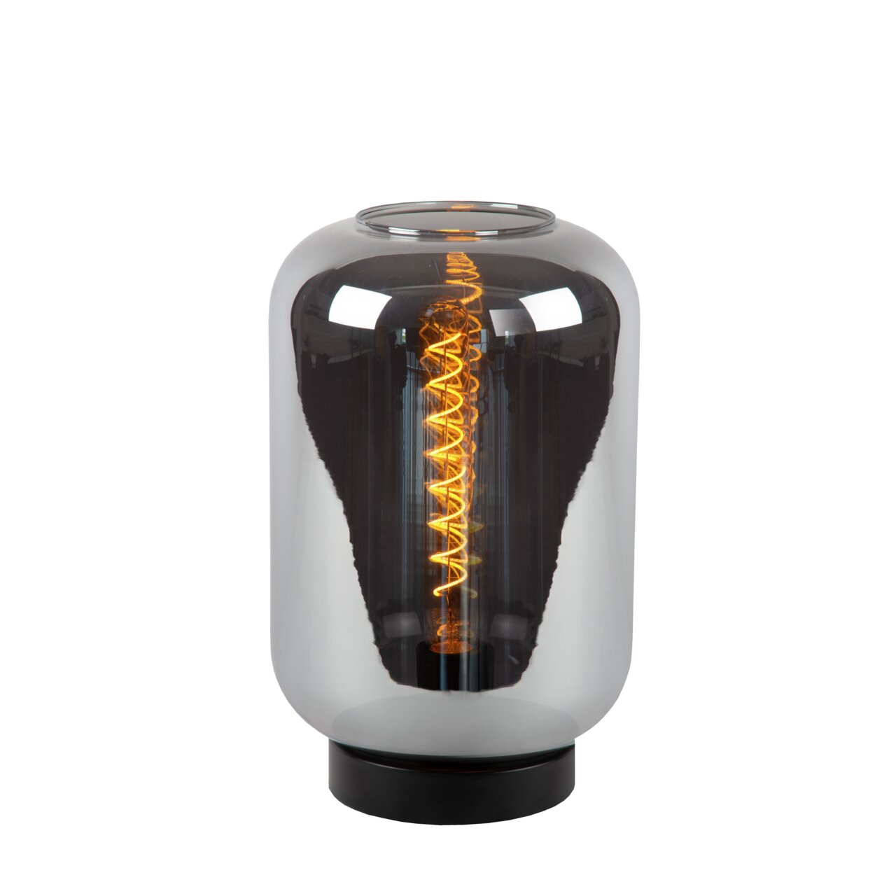 Lucide Tischlampe JOANET Moderne Tischlampe mit rauchgrauem Glas und sichtbarem Glühfaden, frontal betrachtet.