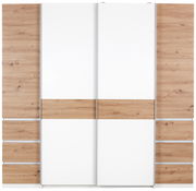 Moderner Dreh- und Schwebetürenschrank mit vier Türen in Holzoptik und weißen Elementen, Frontalansicht.