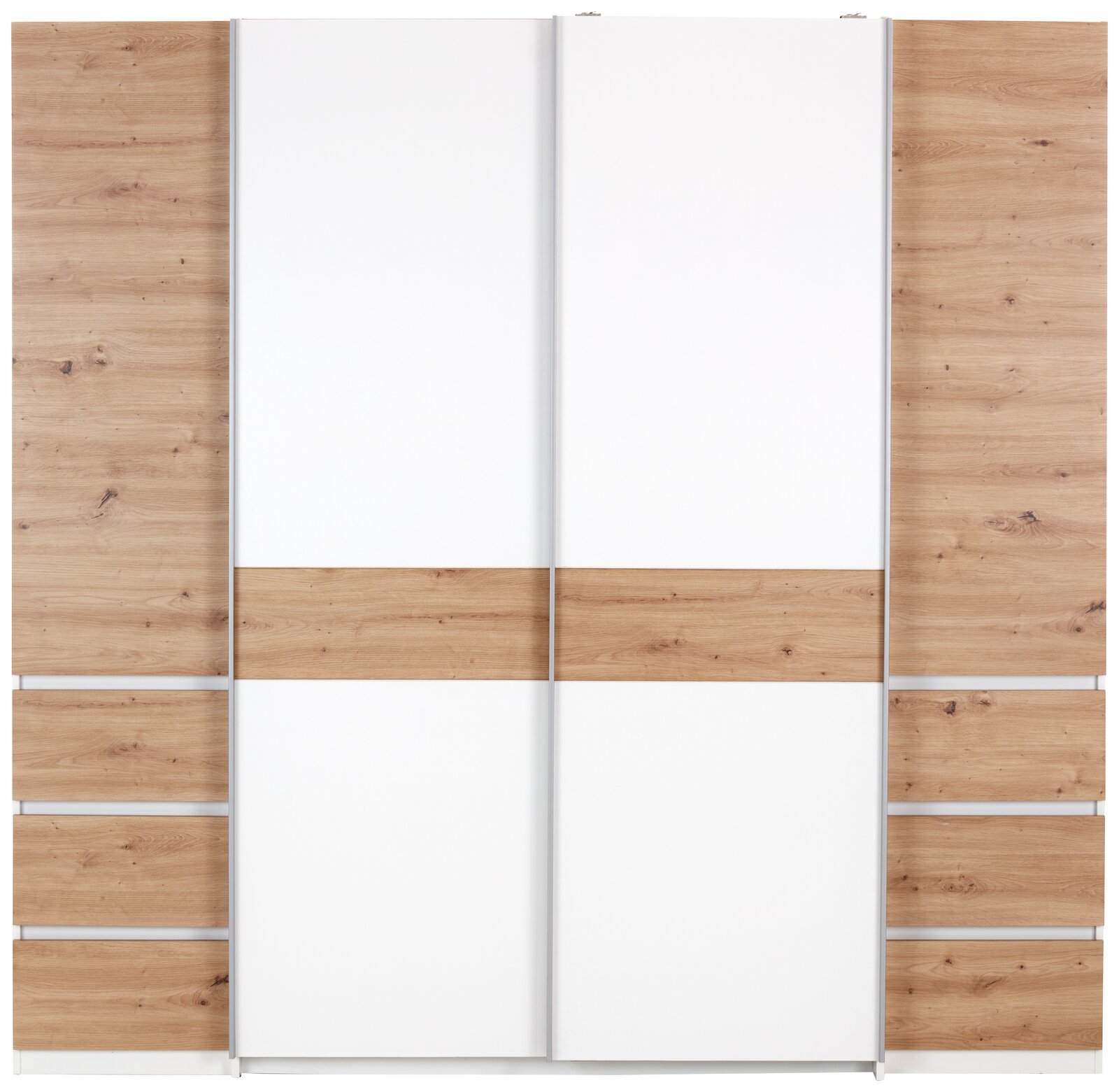 Moderner Dreh- und Schwebetürenschrank mit vier Türen in Holzoptik und weißen Elementen, Frontalansicht.