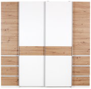 Moderner Dreh- und Schwebetürenschrank mit vier Türen in Holzoptik und weißen Elementen, Frontalansicht.