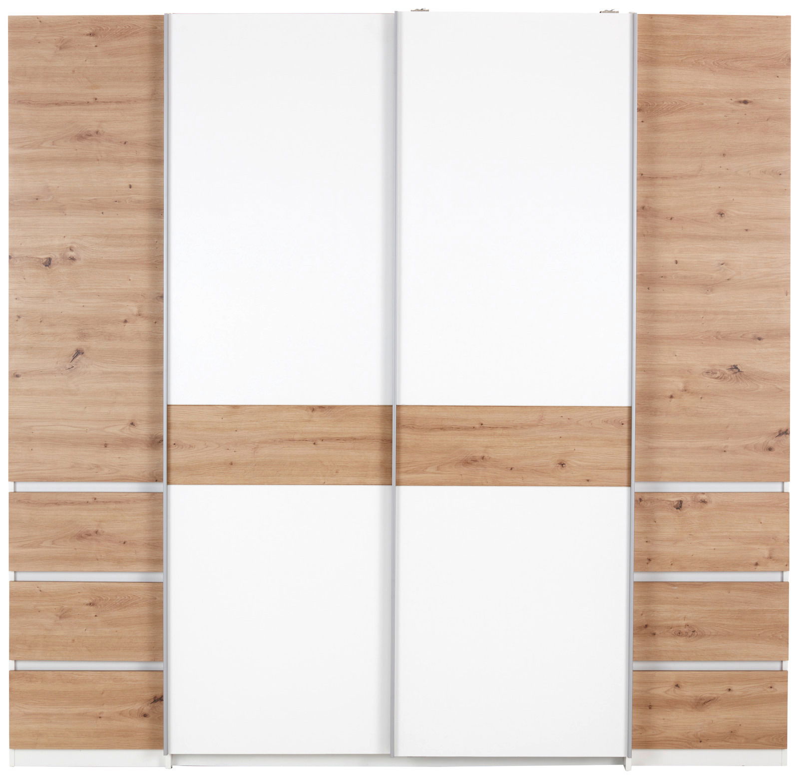 Moderner Dreh- und Schwebetürenschrank mit vier Türen in Holzoptik und weißen Elementen, Frontalansicht.