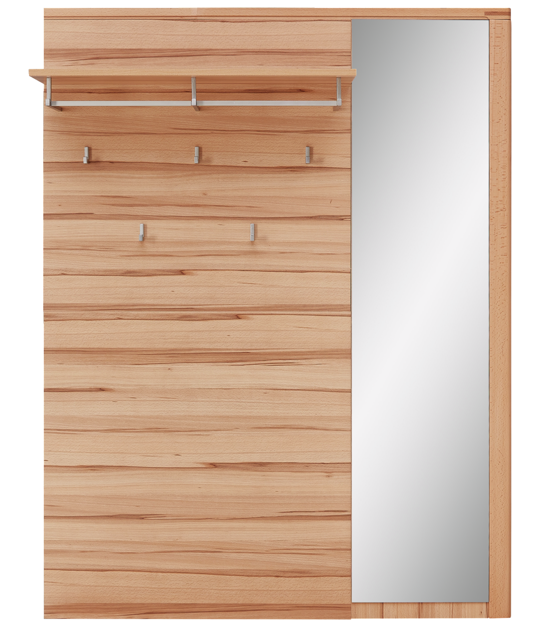 Frontale Ansicht eines XL-Garderobenpaneels aus Holz mit mehreren Haken, einer Ablage und einem großen Spiegel auf der rechten Seite.