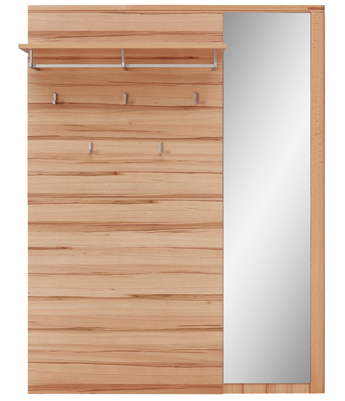 Vooraanzicht van een XL-garderobepaneel van hout met meerdere haken, een legplank en een grote spiegel aan de rechterkant.