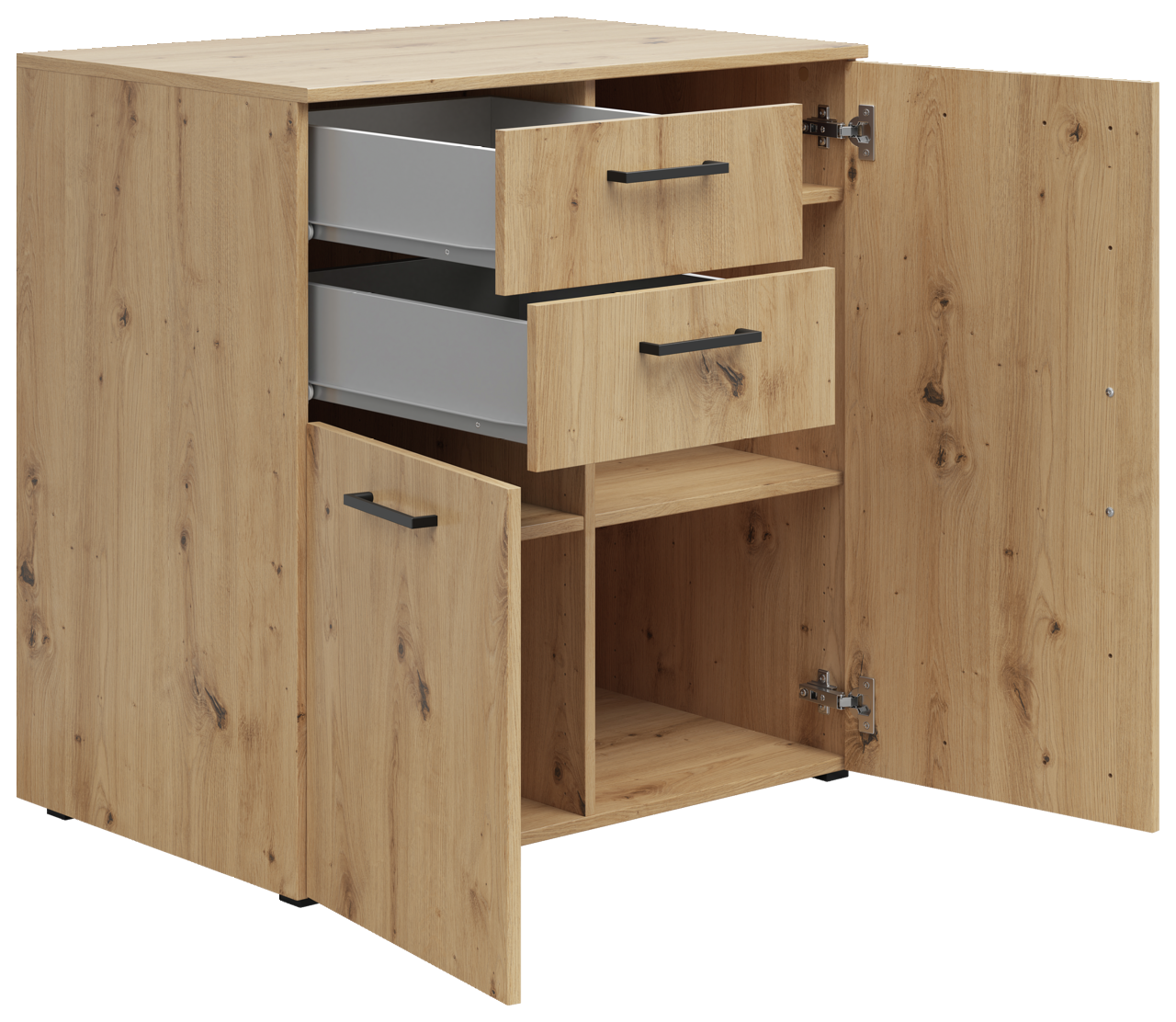 Kommode aus Holz mit zwei offenen Schubladen und zwei offenen Türen, Perspektive von vorne links