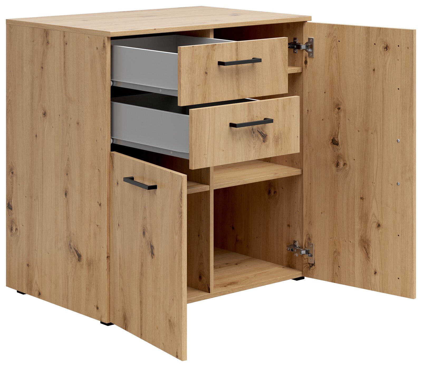 Kommode aus Holz mit zwei offenen Schubladen und zwei offenen Türen, Perspektive von vorne links
