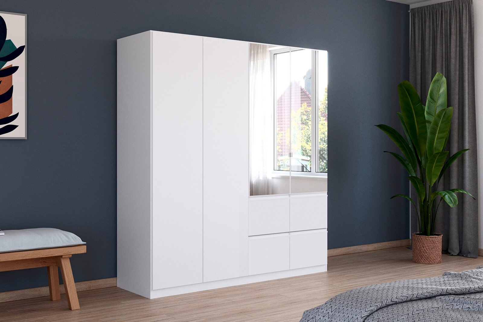 Moderner weißer Drehtürenschrank mit vier Türen, teilweise mit Spiegel, in einem stilvoll eingerichteten Schlafzimmer, seitliche Perspektive.