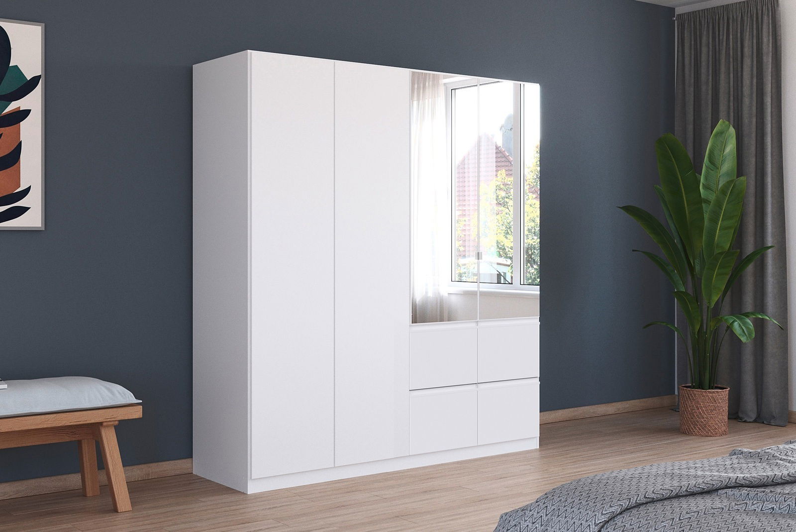 Moderner weißer Drehtürenschrank mit vier Türen, teilweise mit Spiegel, in einem stilvoll eingerichteten Schlafzimmer, seitliche Perspektive.