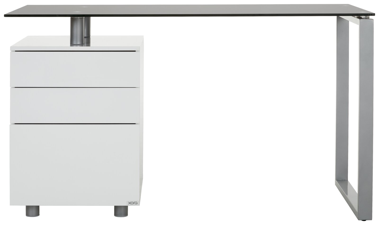 Moderner Schreibtisch mit weißem Korpus und drei Schubladen, seitliche Perspektive