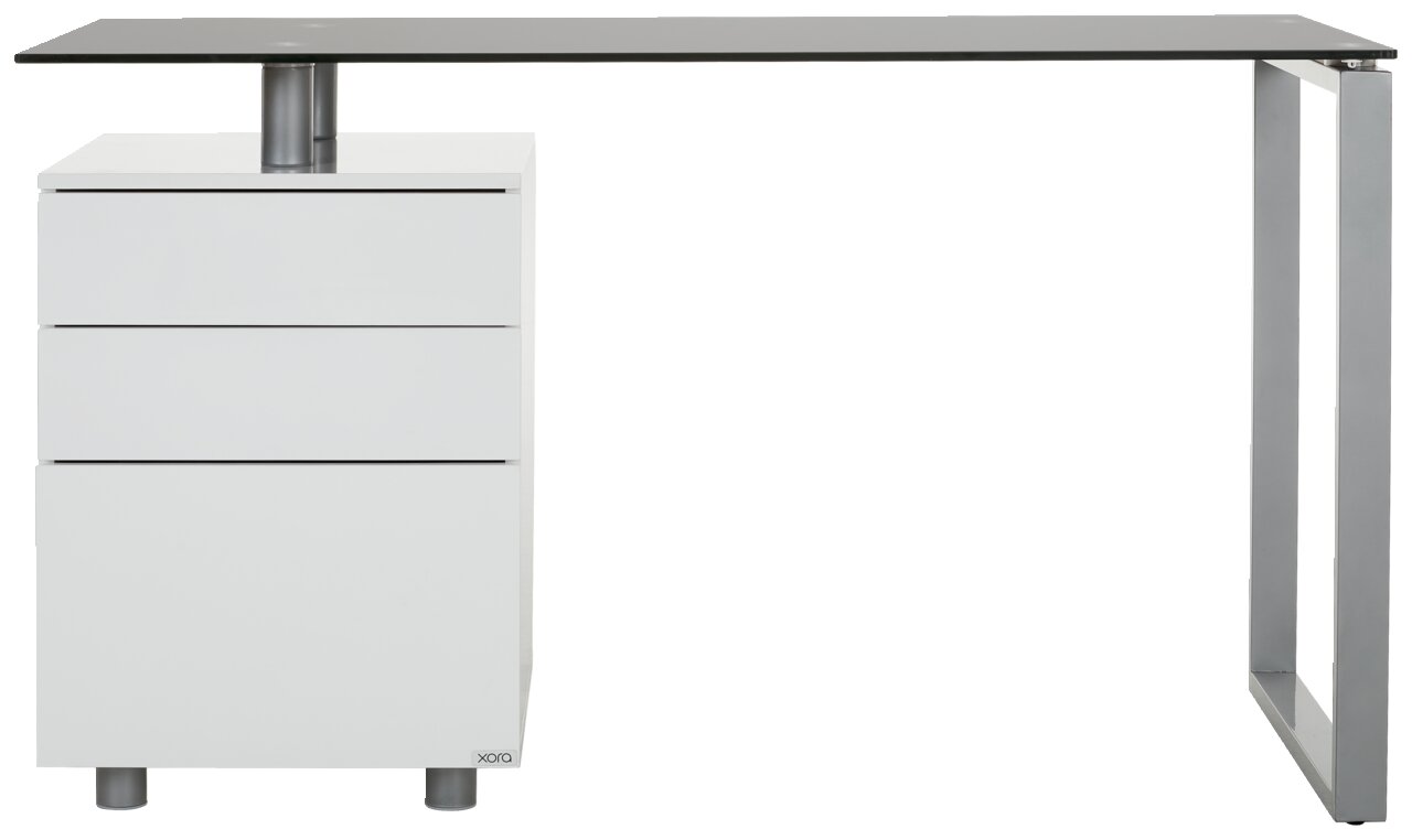 Moderner Schreibtisch mit weißem Korpus und drei Schubladen, seitliche Perspektive