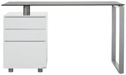 Moderner Schreibtisch mit weißem Korpus und drei Schubladen, seitliche Perspektive