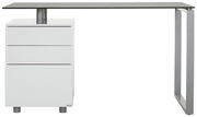 Moderner Schreibtisch mit weißem Korpus und drei Schubladen, seitliche Perspektive