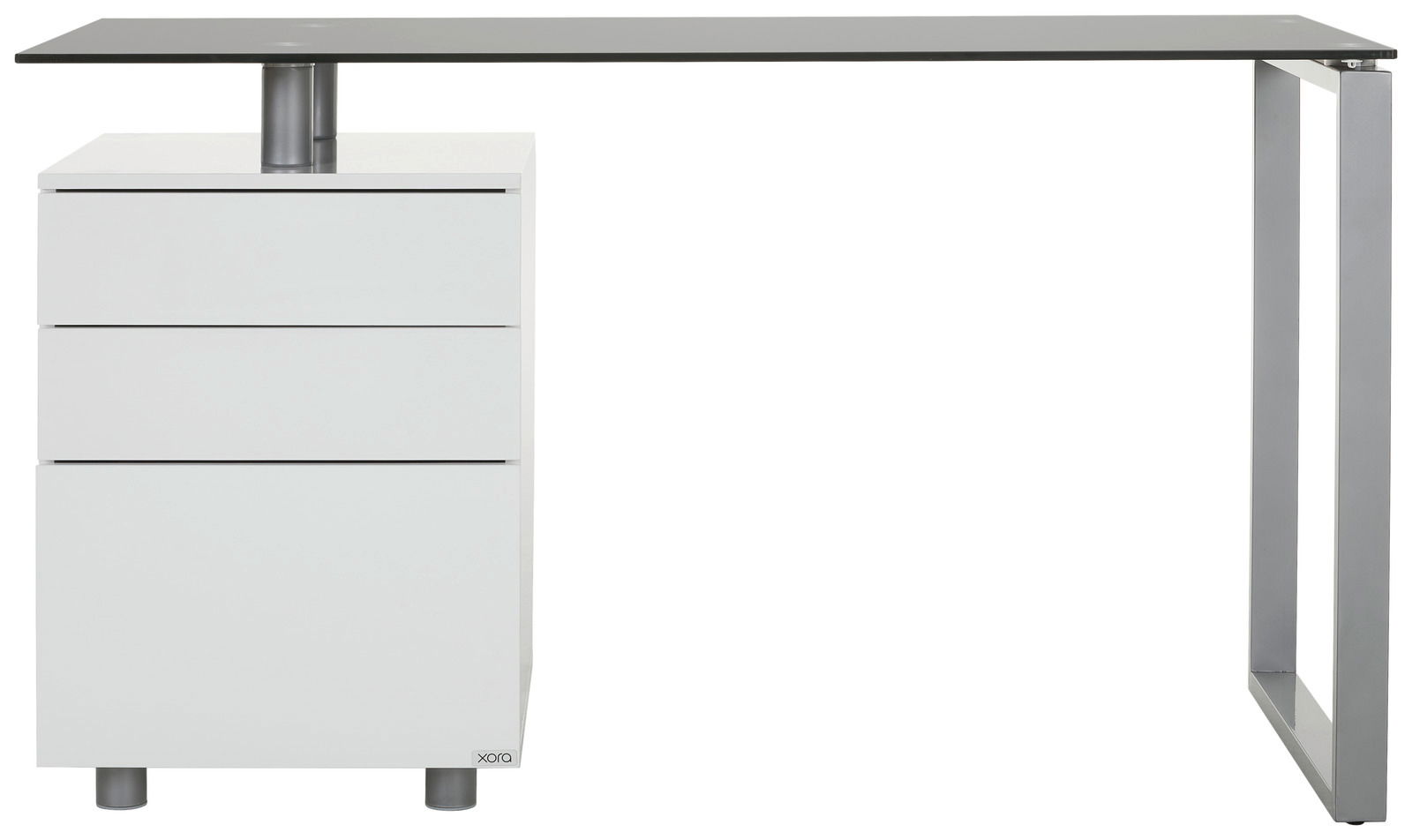 Moderner Schreibtisch mit weißem Korpus und drei Schubladen, seitliche Perspektive