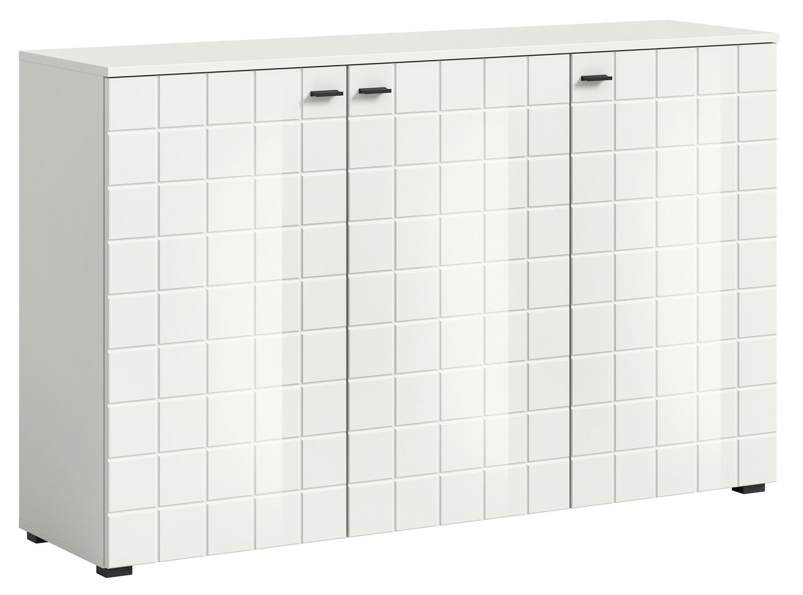 Weißes Sideboard mit quadratischem Muster und schwarzen Griffen, Frontalansicht
