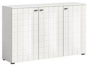 Weißes Sideboard mit quadratischem Muster und schwarzen Griffen, Frontalansicht