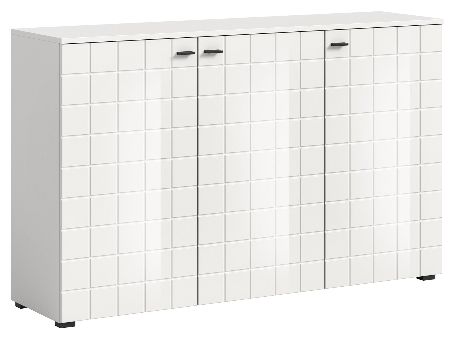 Weißes Sideboard mit quadratischem Muster und schwarzen Griffen, Frontalansicht