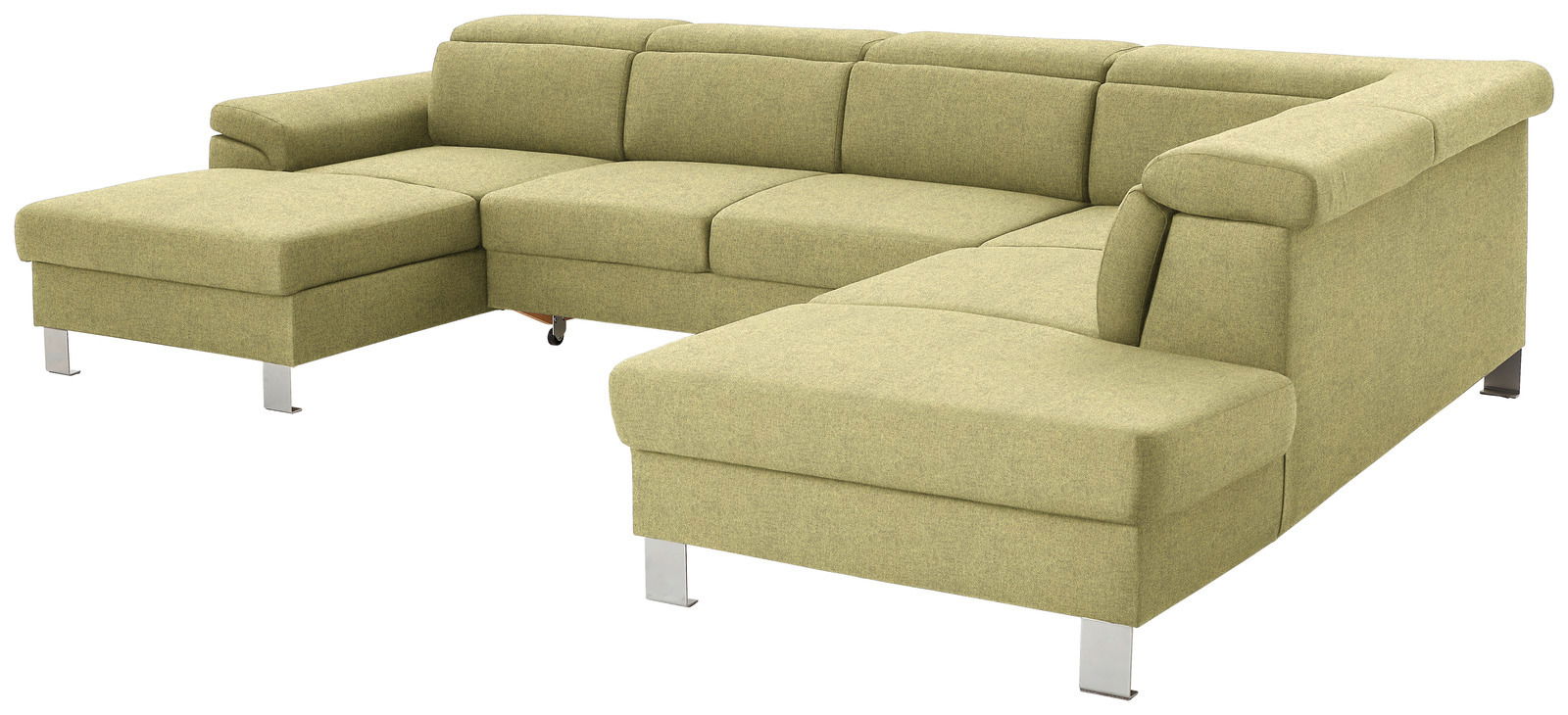 Grünes Ecksofa mit U-Form, perspektivisch von vorne links gesehen, mit modernen Metallfüßen.