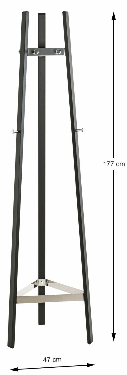 Moderner Garderobenständer aus Metall in schwarzer Farbe, frontal abgebildet. Höhe 177 cm, Breite 47 cm.