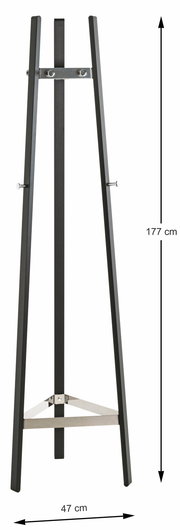 Moderner Garderobenständer aus Metall in schwarzer Farbe, frontal abgebildet. Höhe 177 cm, Breite 47 cm.