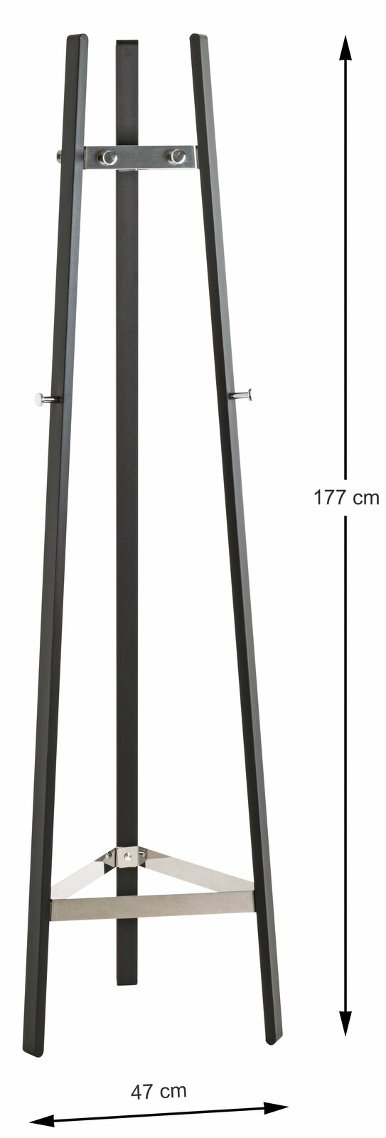 Moderner Garderobenständer aus Metall in schwarzer Farbe, frontal abgebildet. Höhe 177 cm, Breite 47 cm.