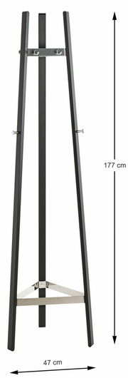 Moderner Garderobenständer aus Metall in schwarzer Farbe, frontal abgebildet. Höhe 177 cm, Breite 47 cm.