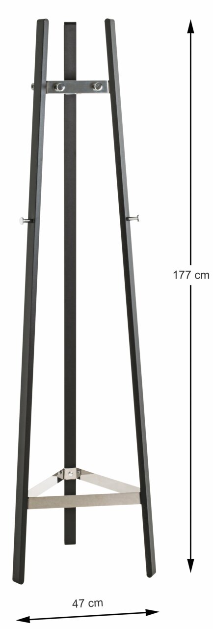 Moderner Garderobenständer aus Metall in schwarzer Farbe, frontal abgebildet. Höhe 177 cm, Breite 47 cm.