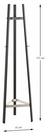 Moderner Garderobenständer aus Metall in schwarzer Farbe, frontal abgebildet. Höhe 177 cm, Breite 47 cm.