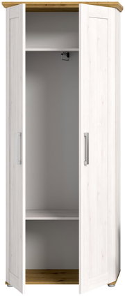 Offener weißer Garderobenschrank mit Holzakzenten, Frontalansicht