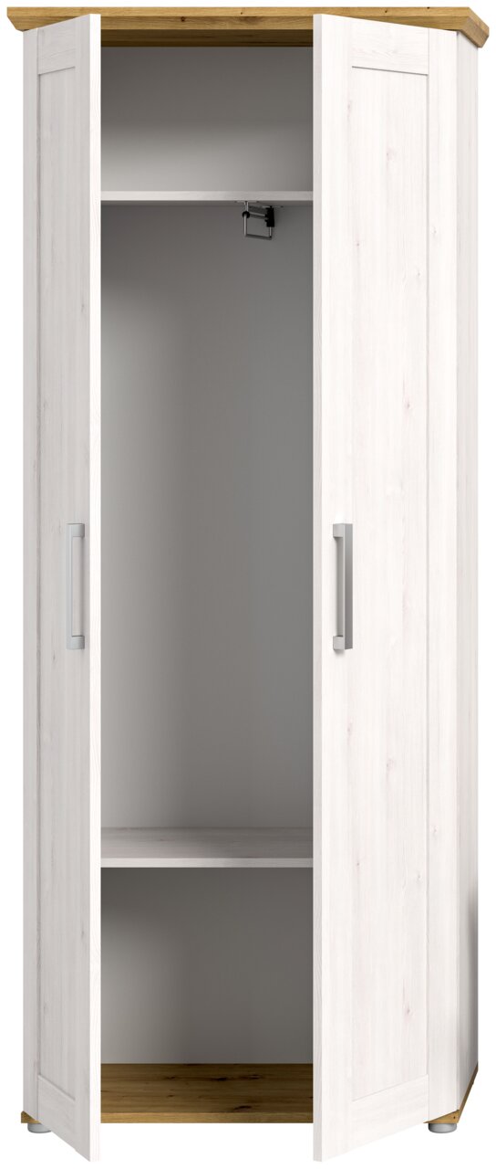 Offener weißer Garderobenschrank mit Holzakzenten, Frontalansicht