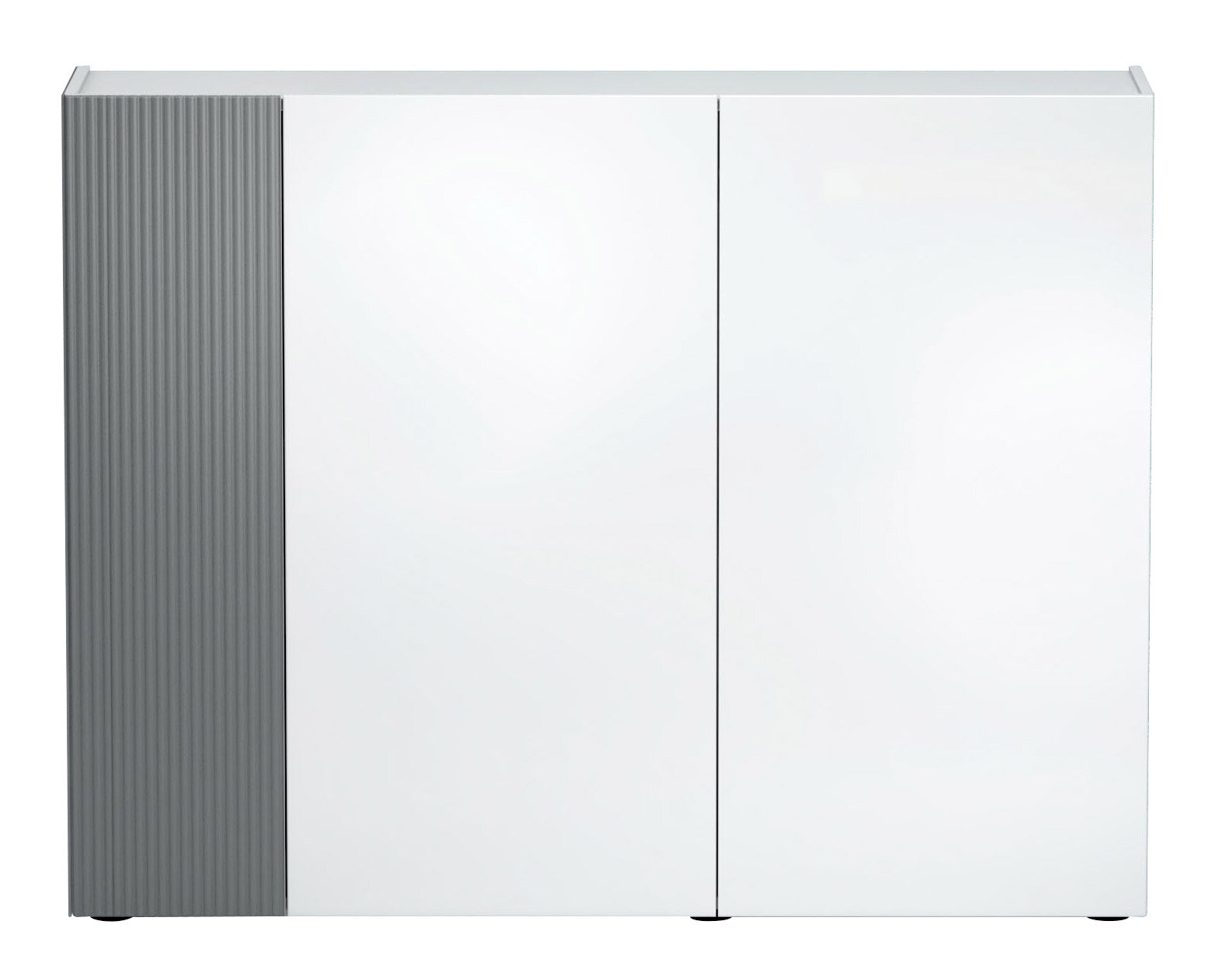 Moderner XL-Schuhschrank mit zwei weißen Türen und grauer, geriffelter Seitenverkleidung, Frontalansicht.